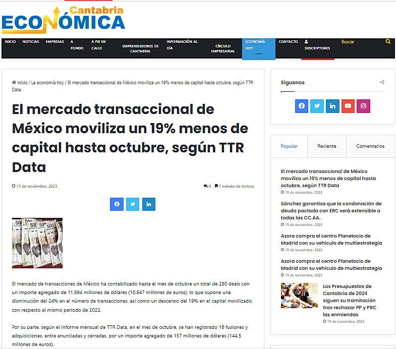 El mercado transaccional de Mxico moviliza un 19% menos de capital hasta octubre, segn TTR Data